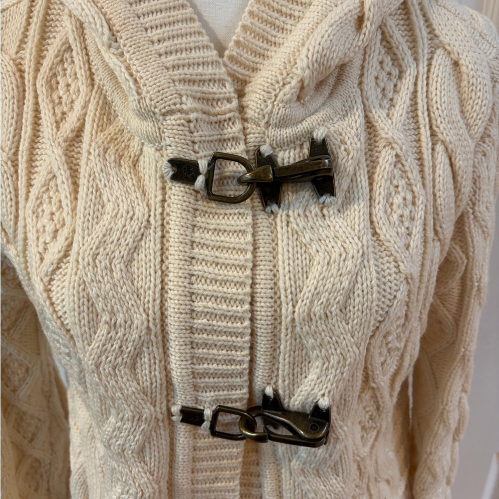 Blarney Aran Originals Cream Cable Knit Wool Hooded Toggle Cardigan Size S - Picture 2 of 11